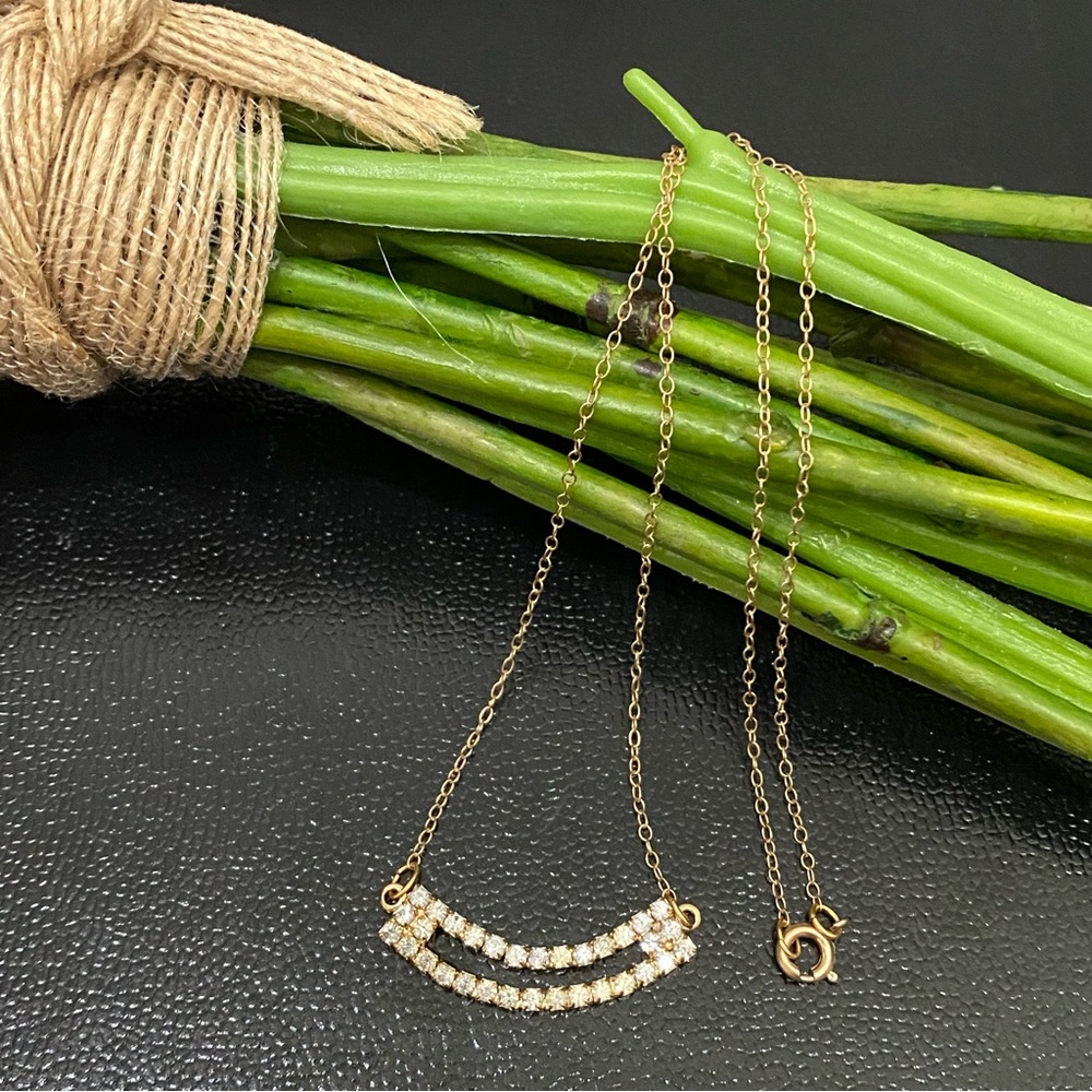 Vintage Gold-tone Pavé CZ Stone Bar Pendant 16” Necklace